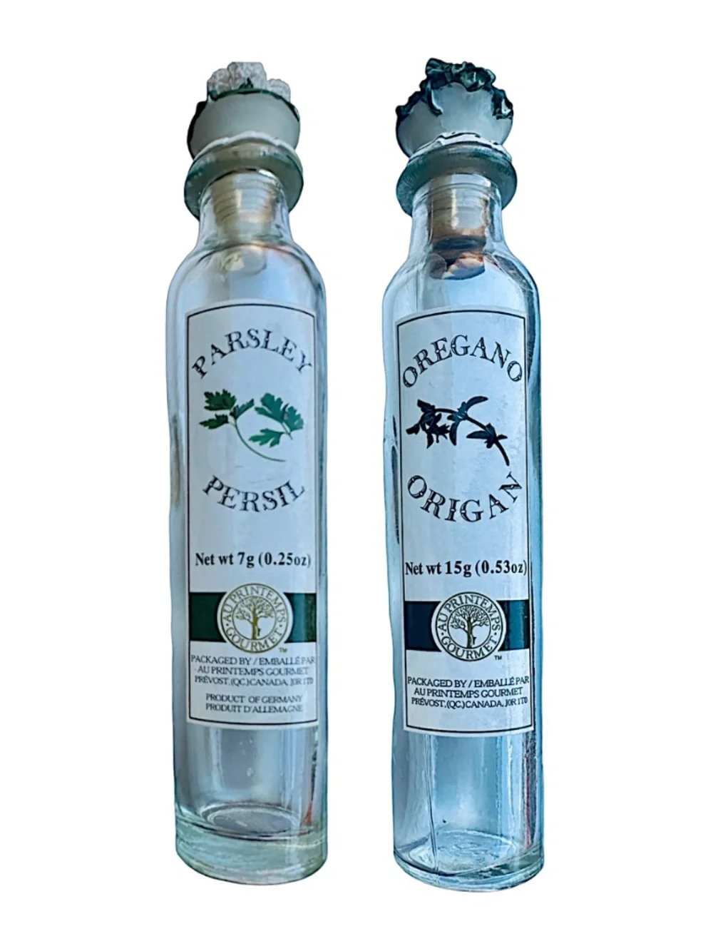 AUPRINTEMPS Gourmet Glass Spice Bottle 8” (lot of 2) Parsley & Oregano